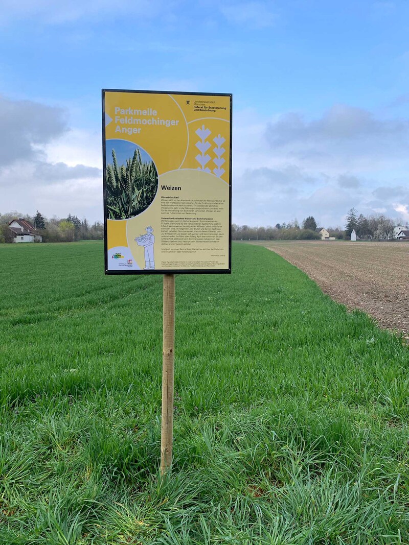 Bild des ersten Schildes des Agrarlehrpfad am Rande eines bewirtschafteten Feldes
